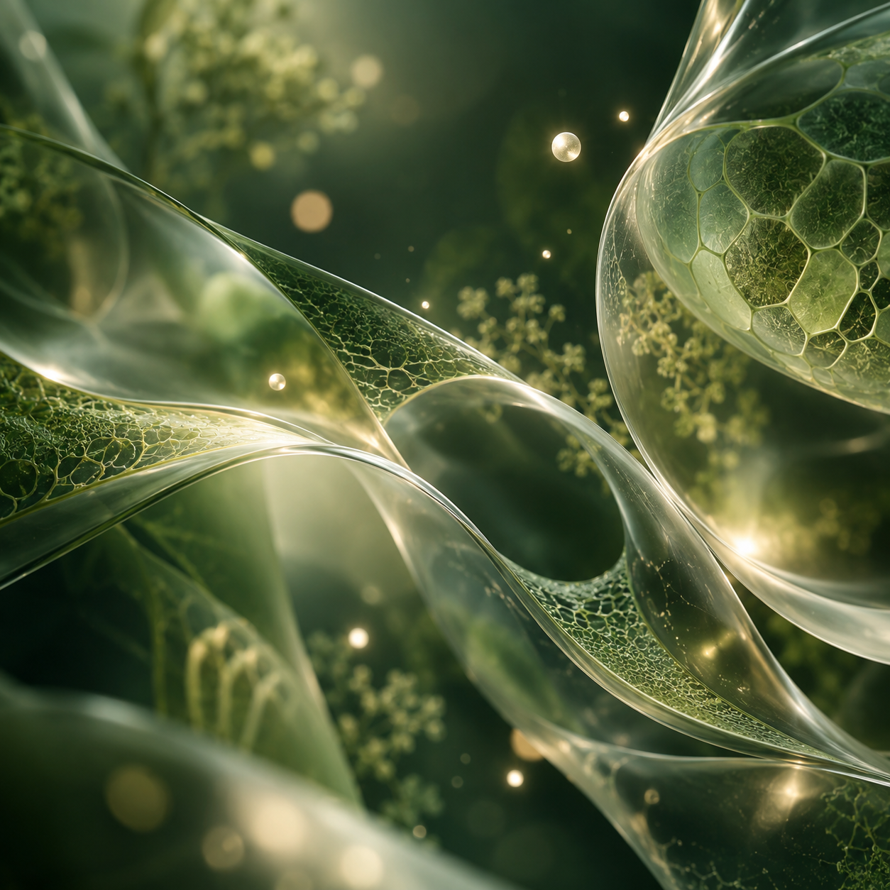 Abstract organic forms in sage and forest green, suggesting the convergence of biology and technology